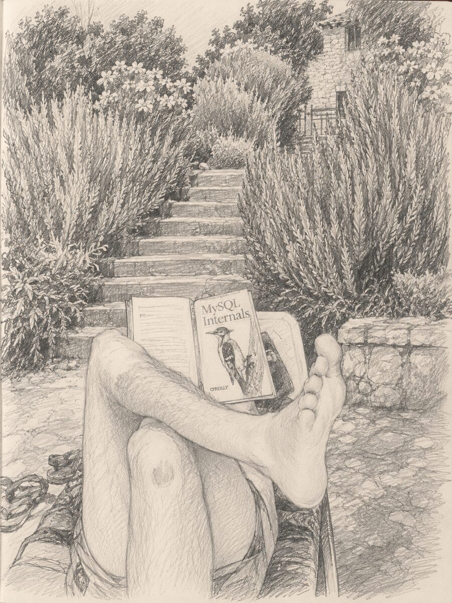 Dessin au crayon d’une personne lisant un manuel technique dans un jardin