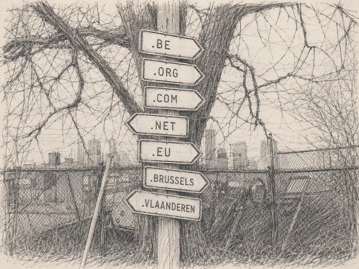Dessin au crayon de panneaux d’extensions DNS sur un arbre à Bruxelles