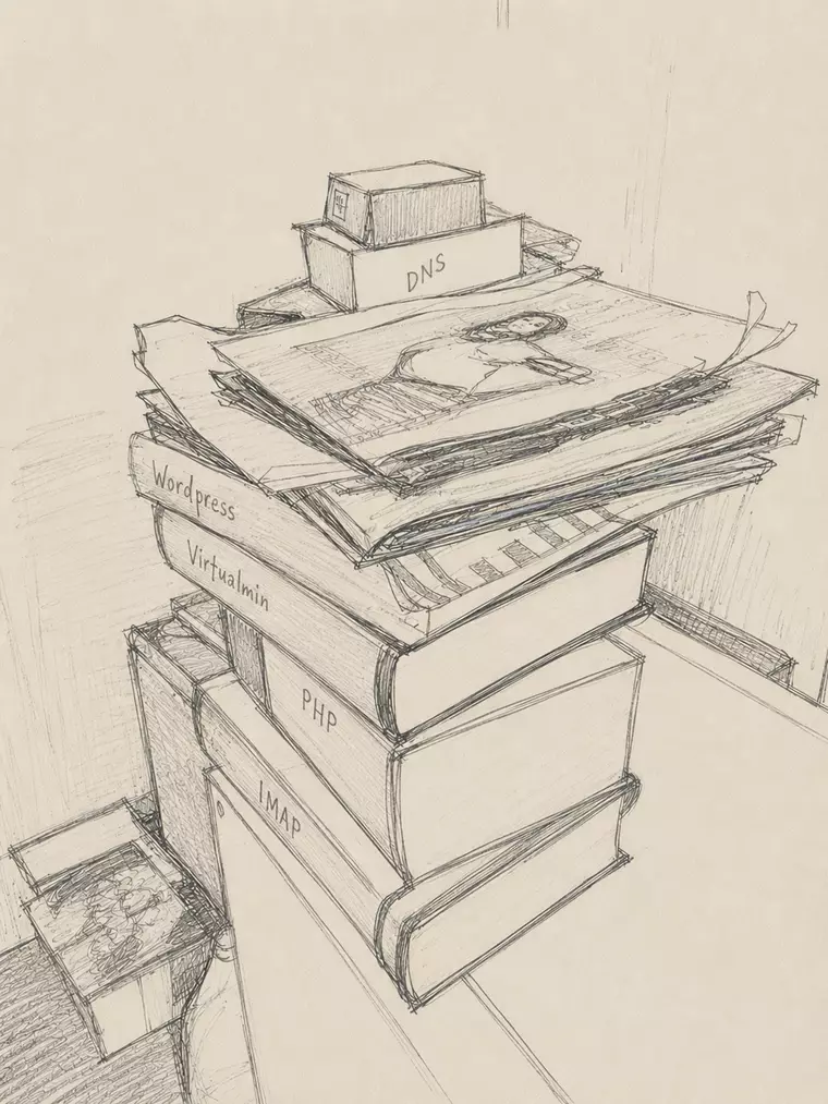 Dessin au crayon de dossiers de services empilés avec DNS, WordPress, Virtualmin, PHP et IMAP