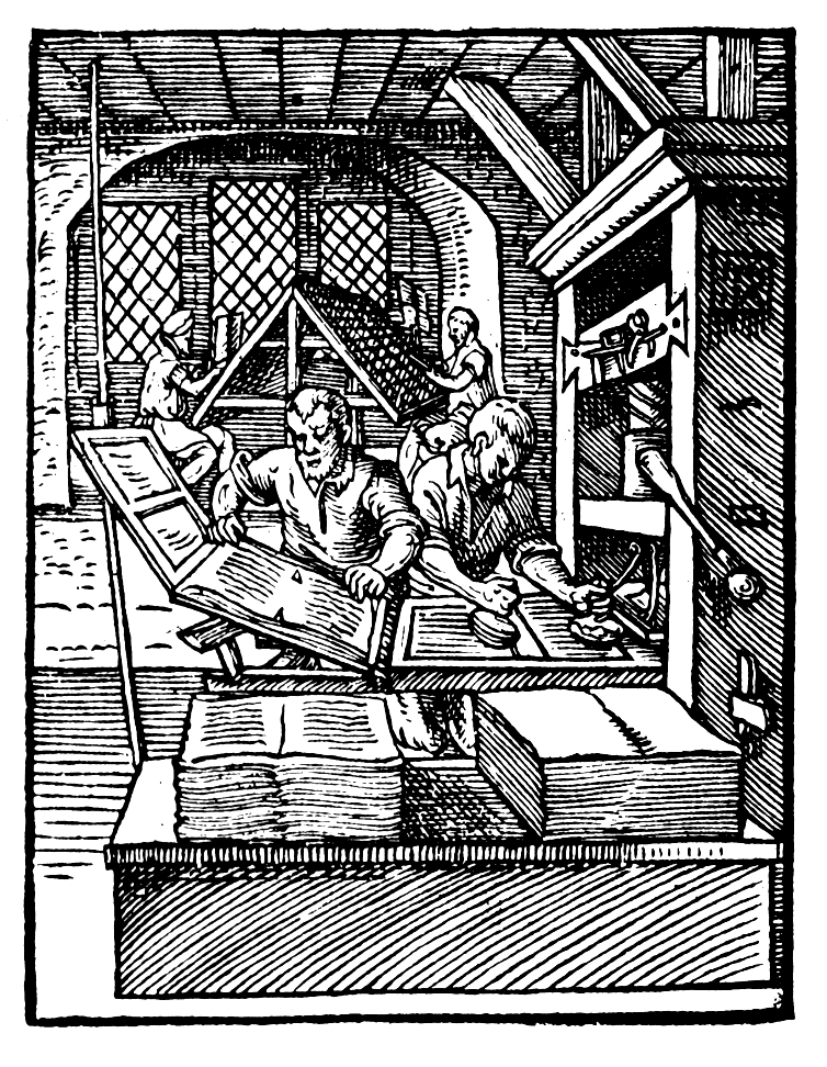 Engraving of a printing workshop with typesetting, a press and printed sheets